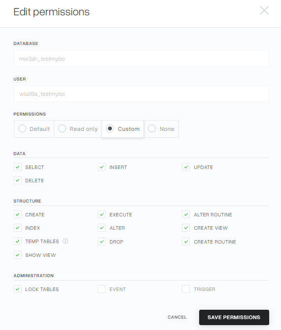 How do I change MySQL database user permissions? - Help mybox.com